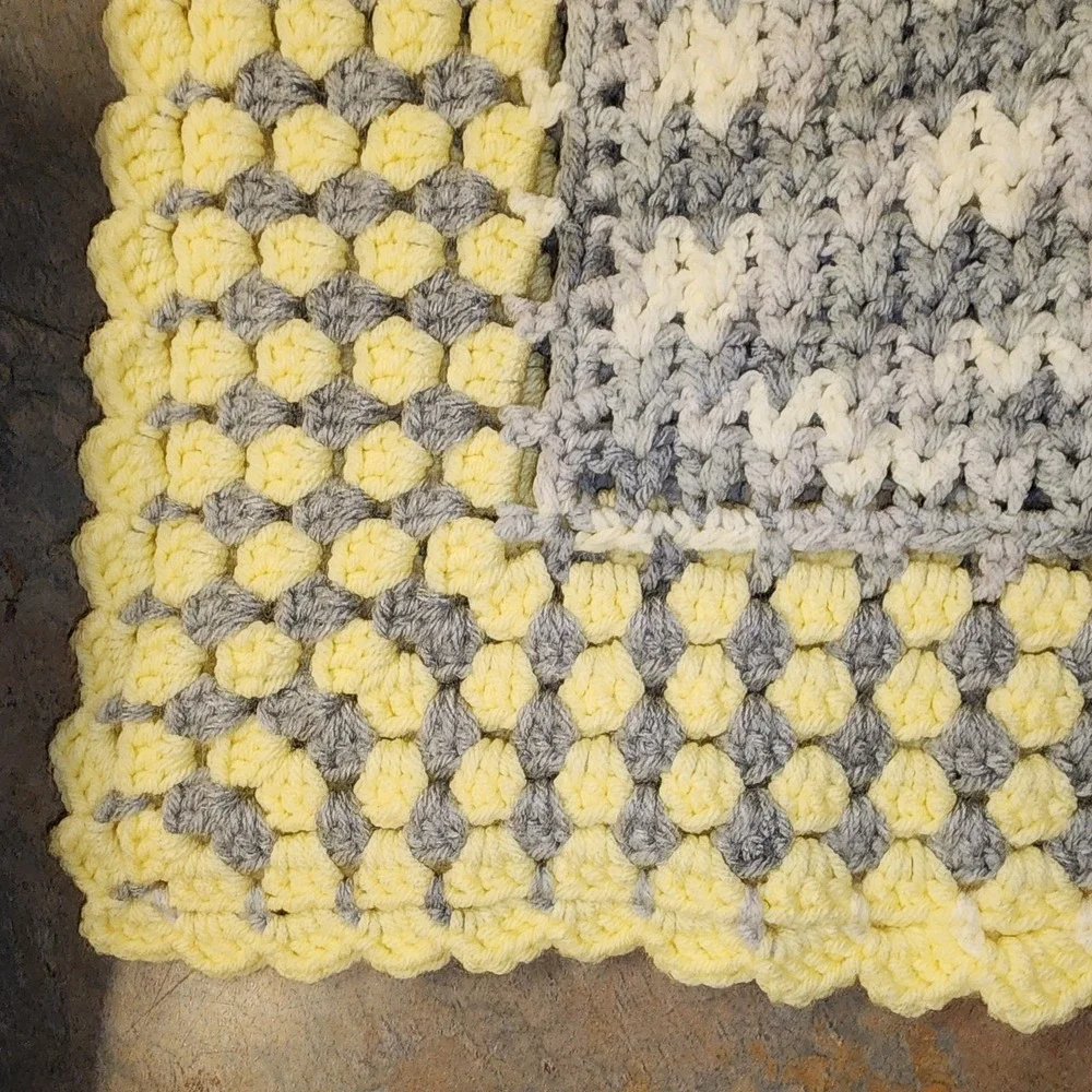 Lap/Baby Afghan/Blanket/Throw Bluish Gray, White & Yellow Handmade  30